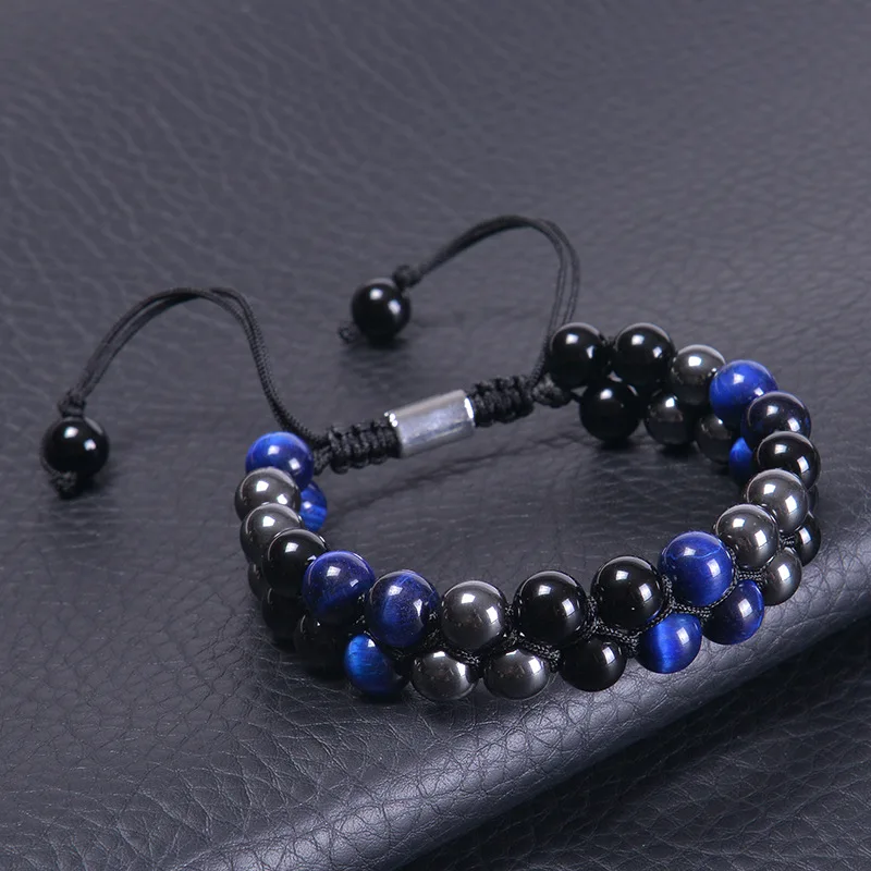 Triple Protection Bracelet 8mm Beads Bracelet Tigers Eye Black Obsidian Hematite Bracelet for Men Women Healing Crystal Bangle