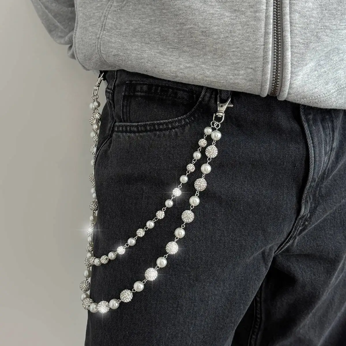 Salircon Hip Hop Trendy Imitation Pearl Rhinestone Ball DoubleLayer Pants Chain Men Simple Trouser Jeans Chain Keychain Jewelry