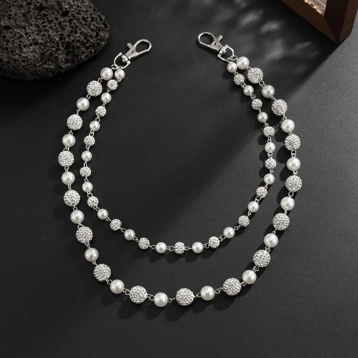 Salircon Hip Hop Trendy Imitation Pearl Rhinestone Ball DoubleLayer Pants Chain Men Simple Trouser Jeans Chain Keychain Jewelry