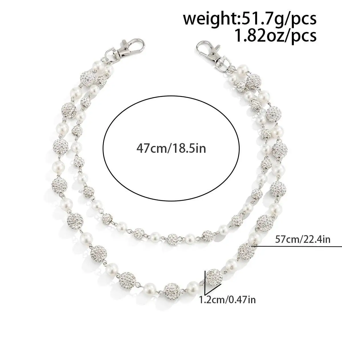 Salircon Hip Hop Trendy Imitation Pearl Rhinestone Ball DoubleLayer Pants Chain Men Simple Trouser Jeans Chain Keychain Jewelry