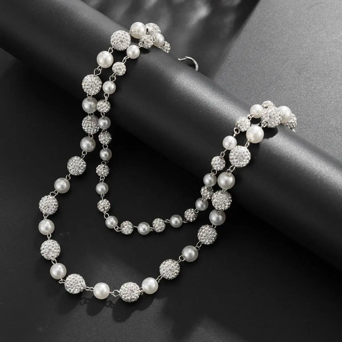 Salircon Hip Hop Trendy Imitation Pearl Rhinestone Ball DoubleLayer Pants Chain Men Simple Trouser Jeans Chain Keychain Jewelry