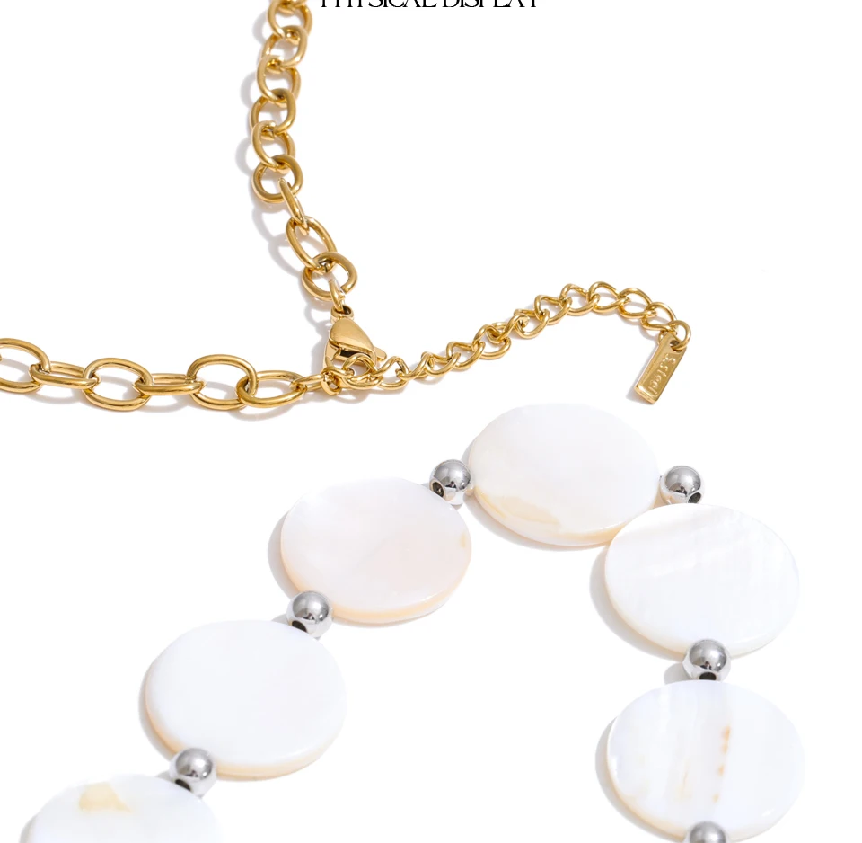 Yhpup New Stainless Steel Natural Shell Round Chain Statement Necklace 16K Gold Platinum Color PVD Plated Handmade Jewelry Gift