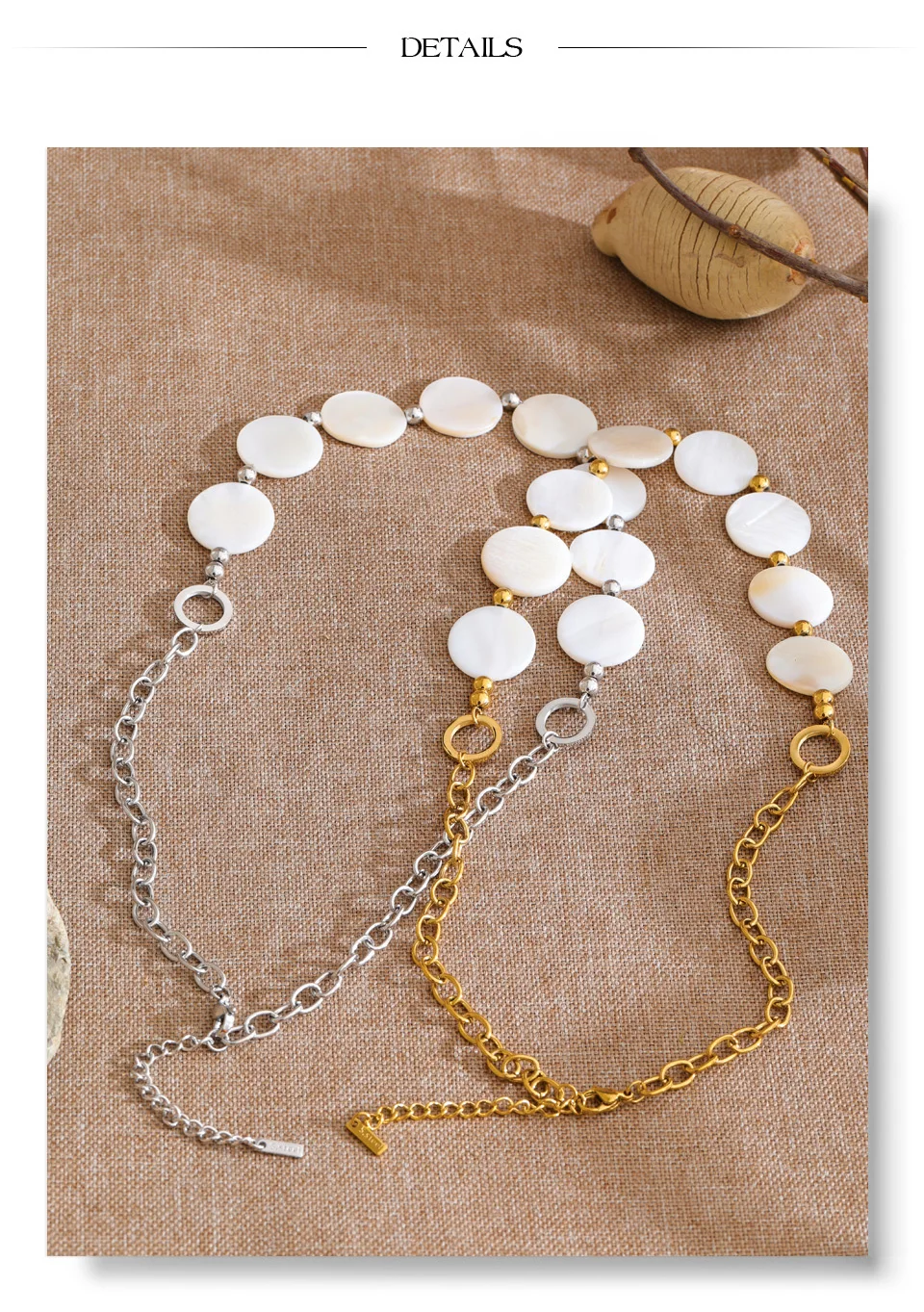 Yhpup New Stainless Steel Natural Shell Round Chain Statement Necklace 16K Gold Platinum Color PVD Plated Handmade Jewelry Gift
