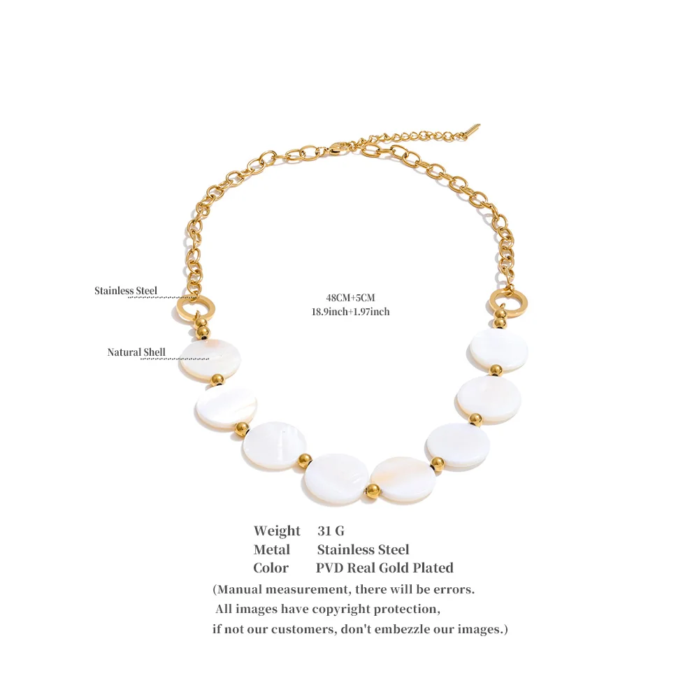 Yhpup New Stainless Steel Natural Shell Round Chain Statement Necklace 16K Gold Platinum Color PVD Plated Handmade Jewelry Gift