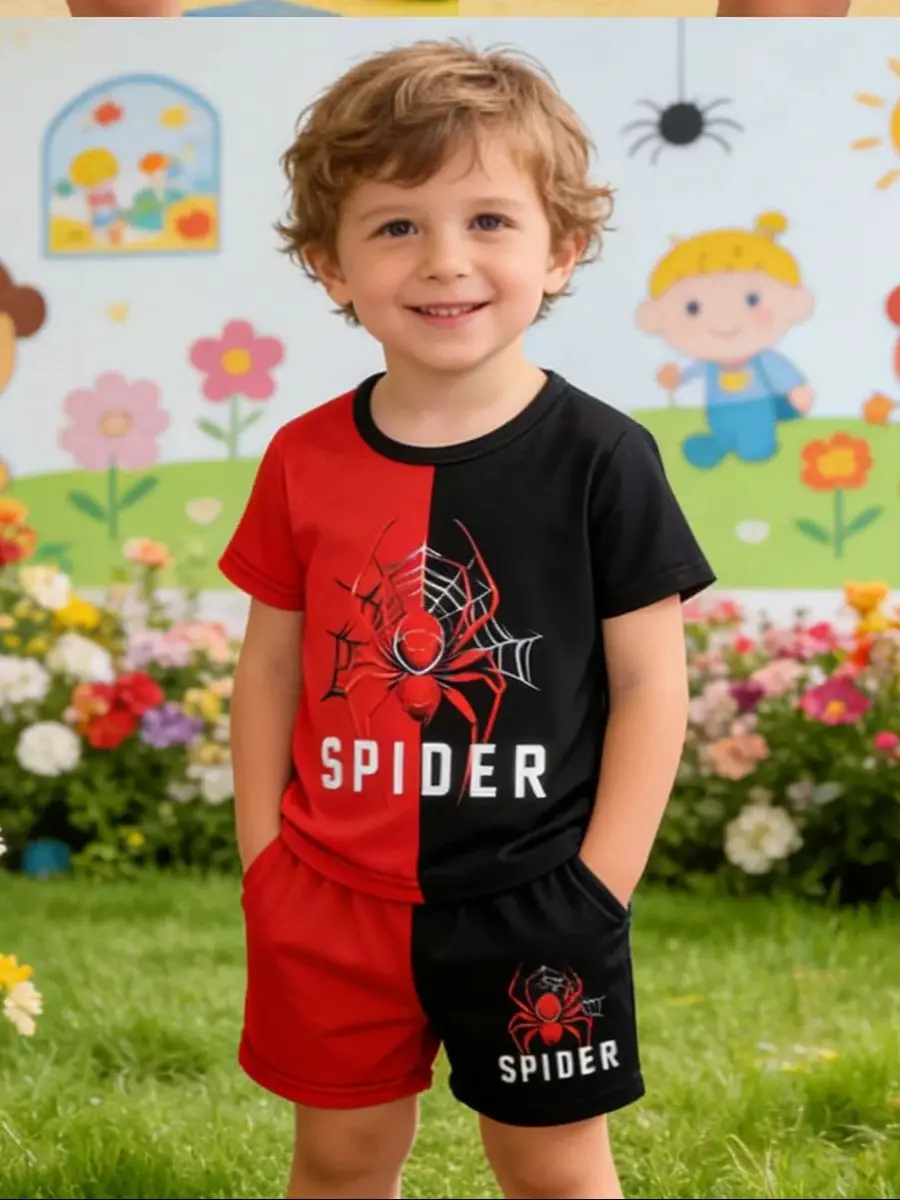 Boys' Summer Red-Black Color Block Short-Sleeve Set 3D Print Casual Kids' Two-Piece Outfit
