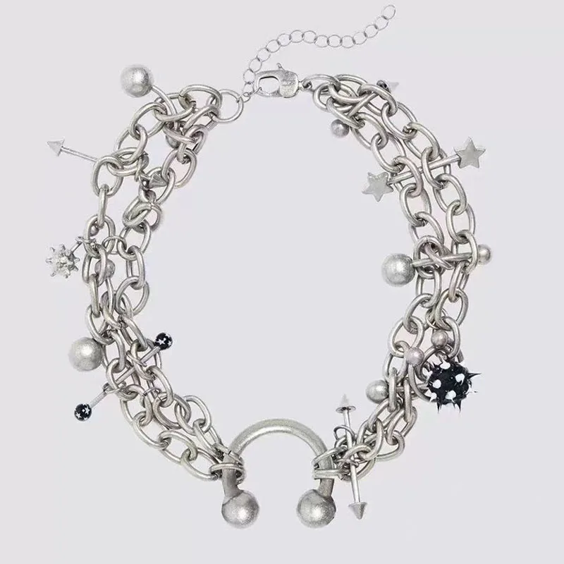 Y2K Jewelry Star Chain Rivet Pendant Necklace for Women Punk Aesthetic 90s Grunge Rock Spiked Necklace Goth Accessory
