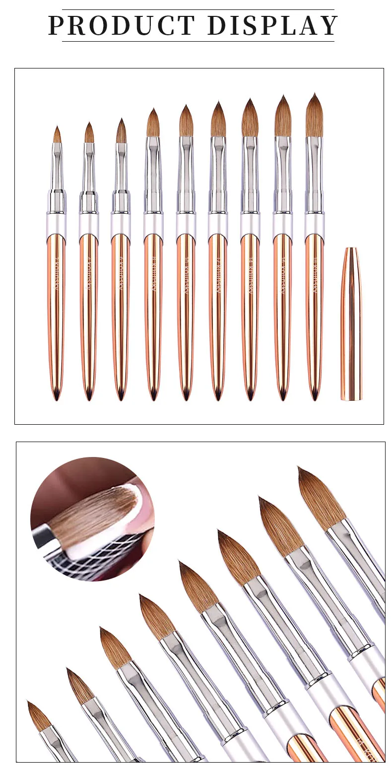100% Pure Kolinsky Acrylic Nail Brush for Nail Salon Rose Gold Oval Crimped Shaped Metal Handle Professional Quality Nail Brush