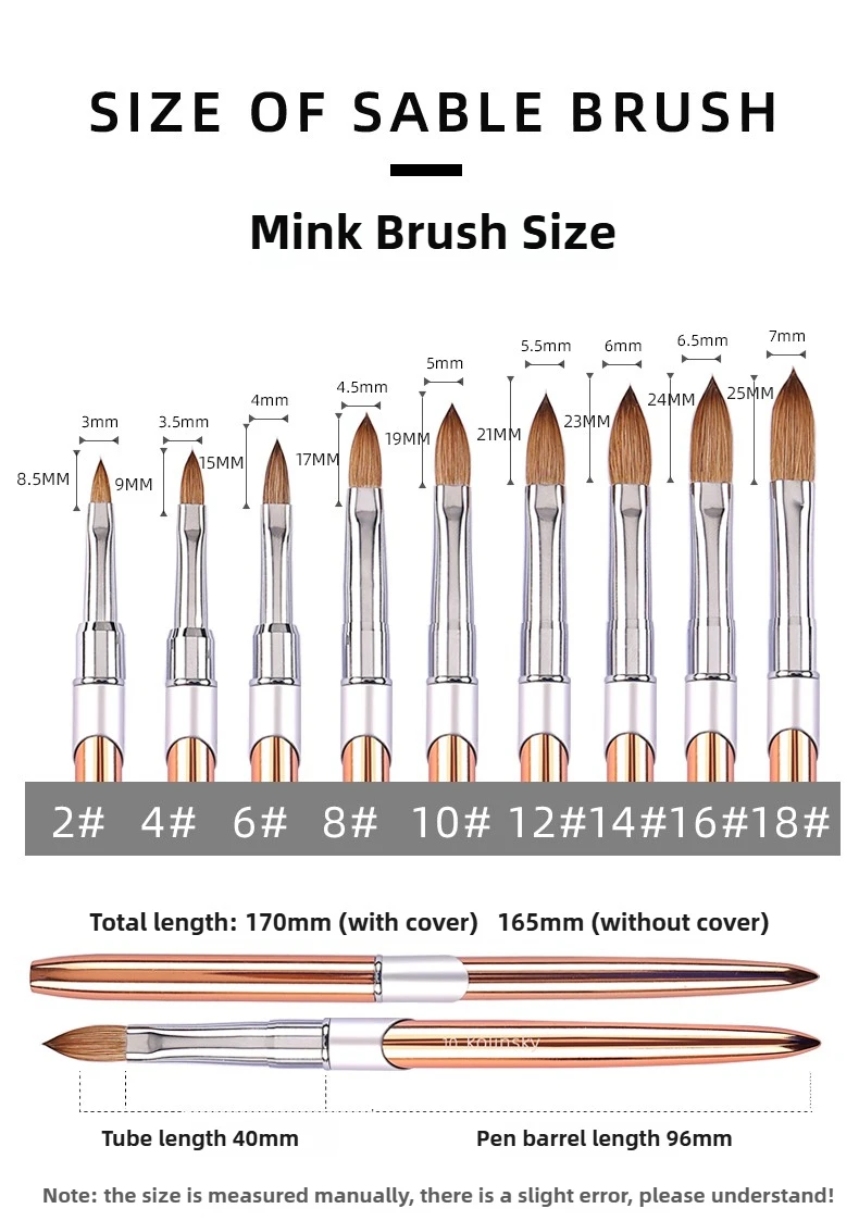 100% Pure Kolinsky Acrylic Nail Brush for Nail Salon Rose Gold Oval Crimped Shaped Metal Handle Professional Quality Nail Brush