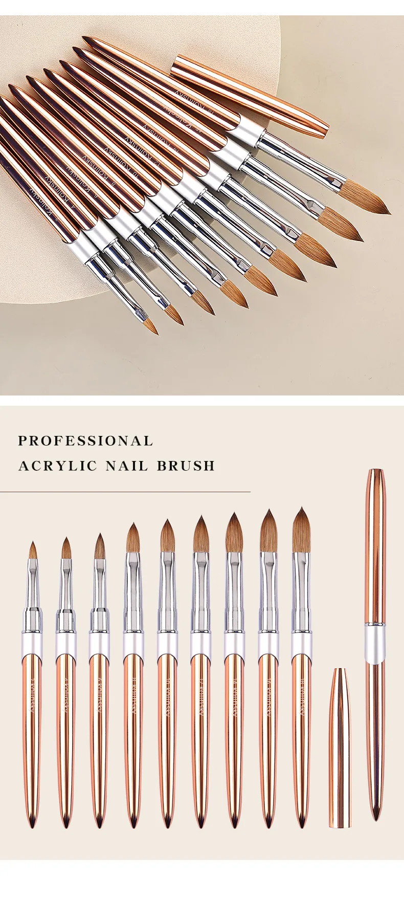 100% Pure Kolinsky Acrylic Nail Brush for Nail Salon Rose Gold Oval Crimped Shaped Metal Handle Professional Quality Nail Brush