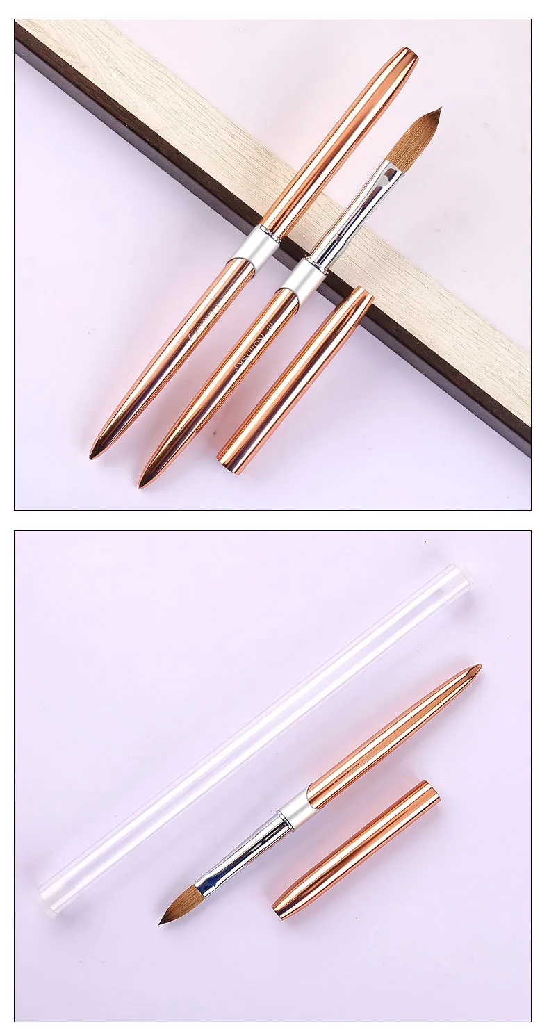 100% Pure Kolinsky Acrylic Nail Brush for Nail Salon Rose Gold Oval Crimped Shaped Metal Handle Professional Quality Nail Brush