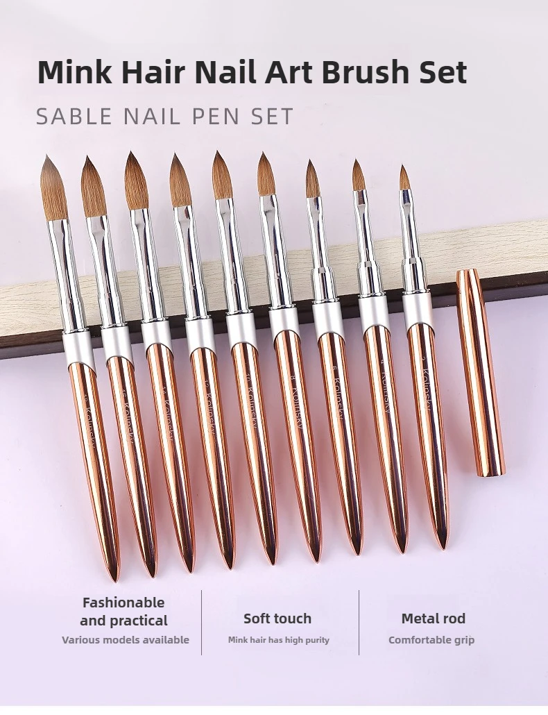 100% Pure Kolinsky Acrylic Nail Brush for Nail Salon Rose Gold Oval Crimped Shaped Metal Handle Professional Quality Nail Brush