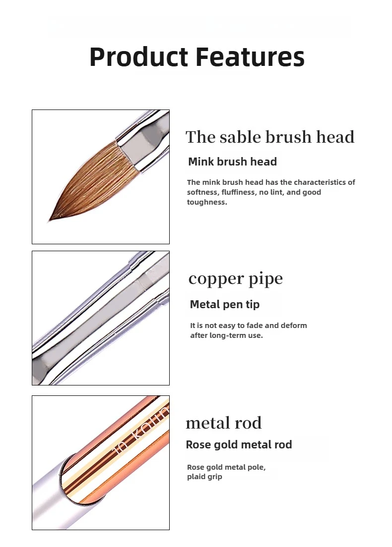 100% Pure Kolinsky Acrylic Nail Brush for Nail Salon Rose Gold Oval Crimped Shaped Metal Handle Professional Quality Nail Brush