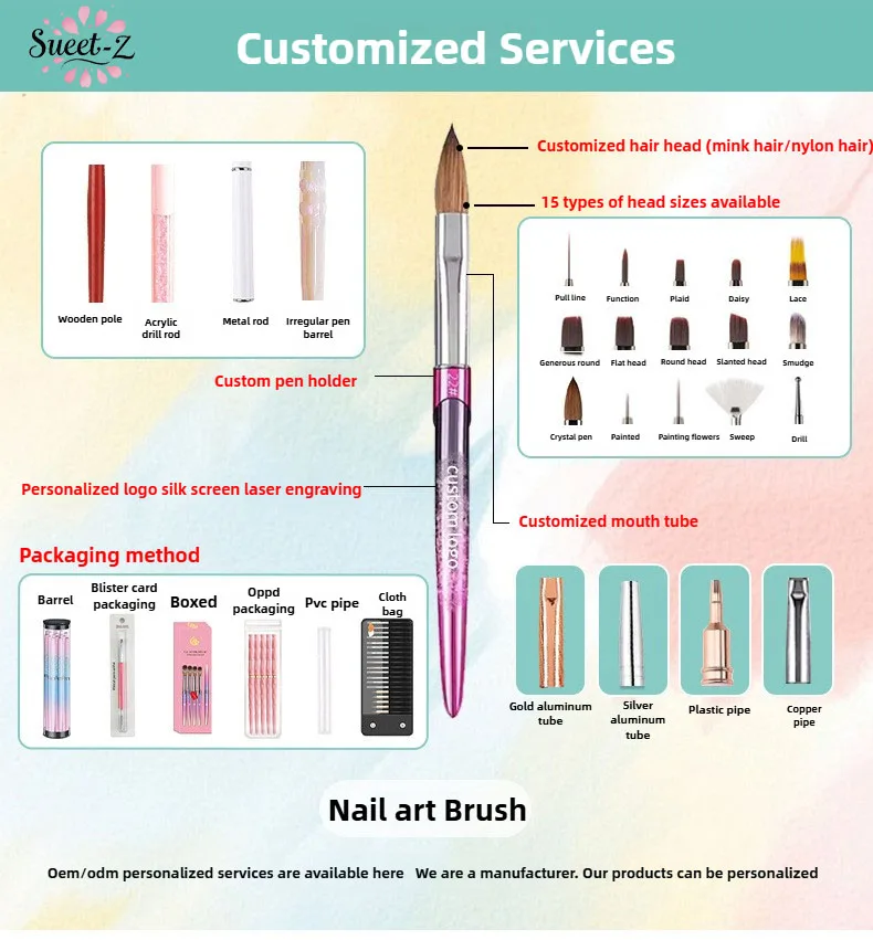 100% Pure Kolinsky Acrylic Nail Brush for Nail Salon Rose Gold Oval Crimped Shaped Metal Handle Professional Quality Nail Brush