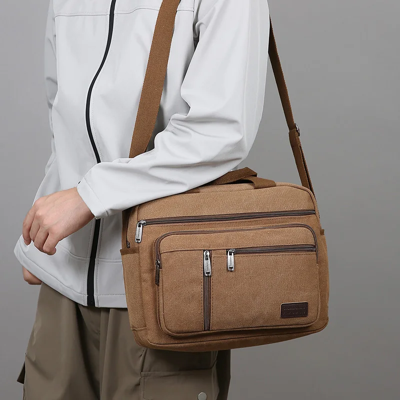 Men's Canvas Shoulder Bag Casual Crossbody Bag Daily Commuting Tote with Multiple Pockets Durable Lightweight School Travel Bag