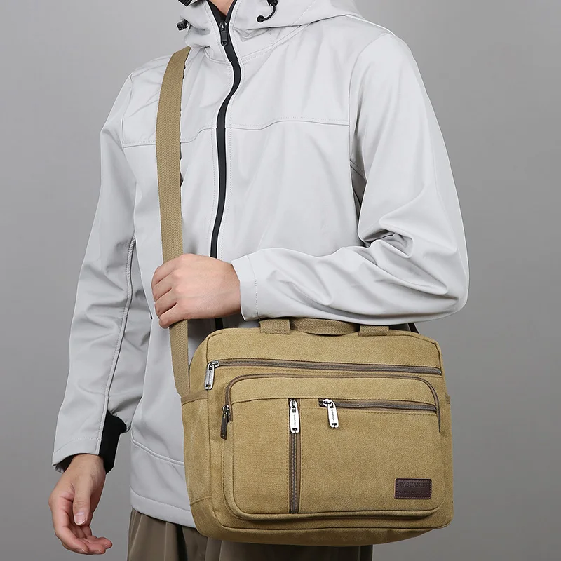 Men's Canvas Shoulder Bag Casual Crossbody Bag Daily Commuting Tote with Multiple Pockets Durable Lightweight School Travel Bag