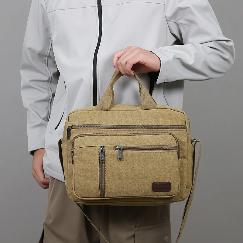 Men's Canvas Shoulder Bag Casual Crossbody Bag Daily Commuting Tote with Multiple Pockets Durable Lightweight School Travel Bag
