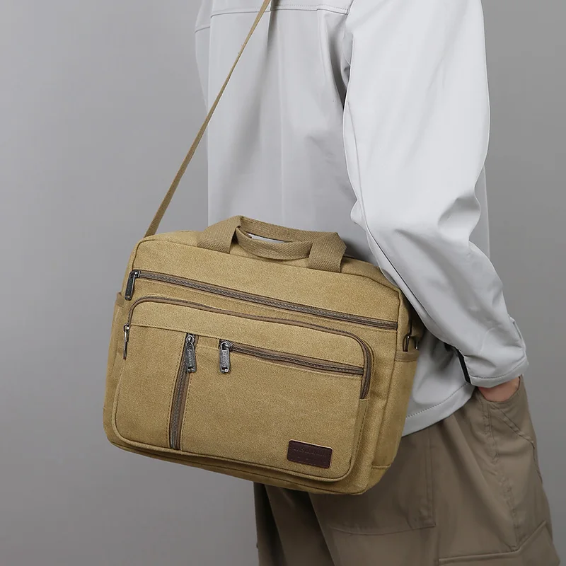 Men's Canvas Shoulder Bag Casual Crossbody Bag Daily Commuting Tote with Multiple Pockets Durable Lightweight School Travel Bag