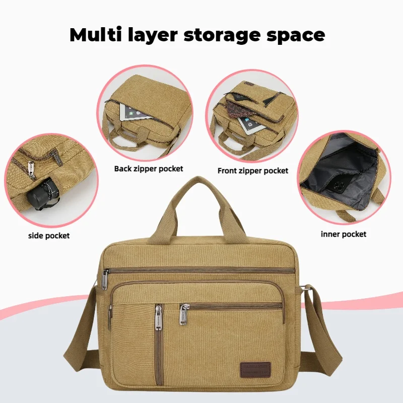 Men's Canvas Shoulder Bag Casual Crossbody Bag Daily Commuting Tote with Multiple Pockets Durable Lightweight School Travel Bag