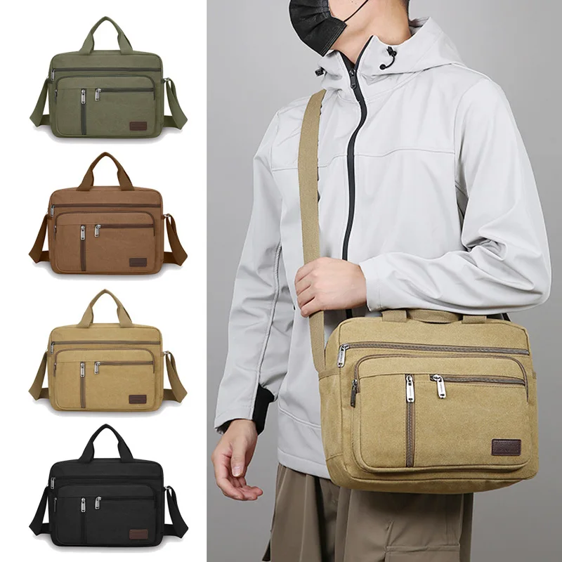 Men's Canvas Shoulder Bag Casual Crossbody Bag Daily Commuting Tote with Multiple Pockets Durable Lightweight School Travel Bag