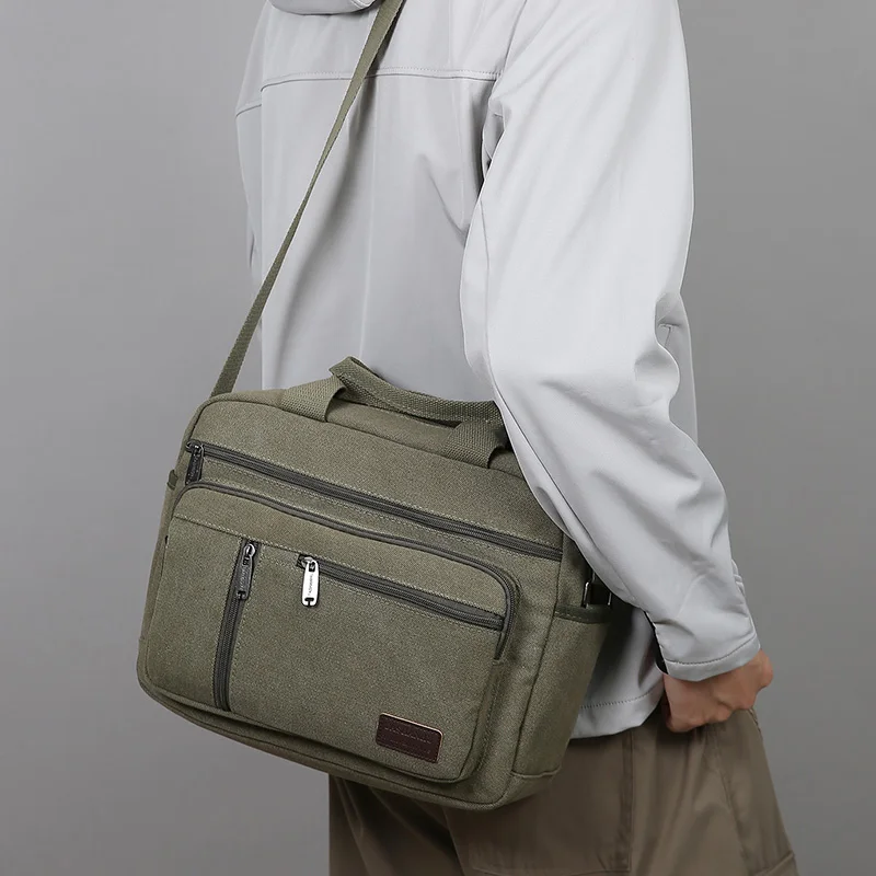 Men's Canvas Shoulder Bag Casual Crossbody Bag Daily Commuting Tote with Multiple Pockets Durable Lightweight School Travel Bag