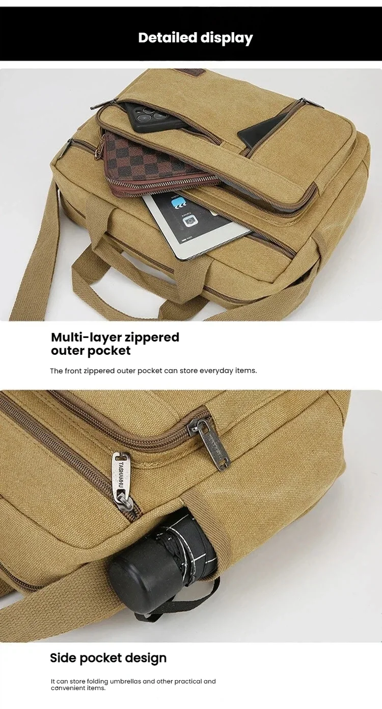 Men's Canvas Shoulder Bag Casual Crossbody Bag Daily Commuting Tote with Multiple Pockets Durable Lightweight School Travel Bag