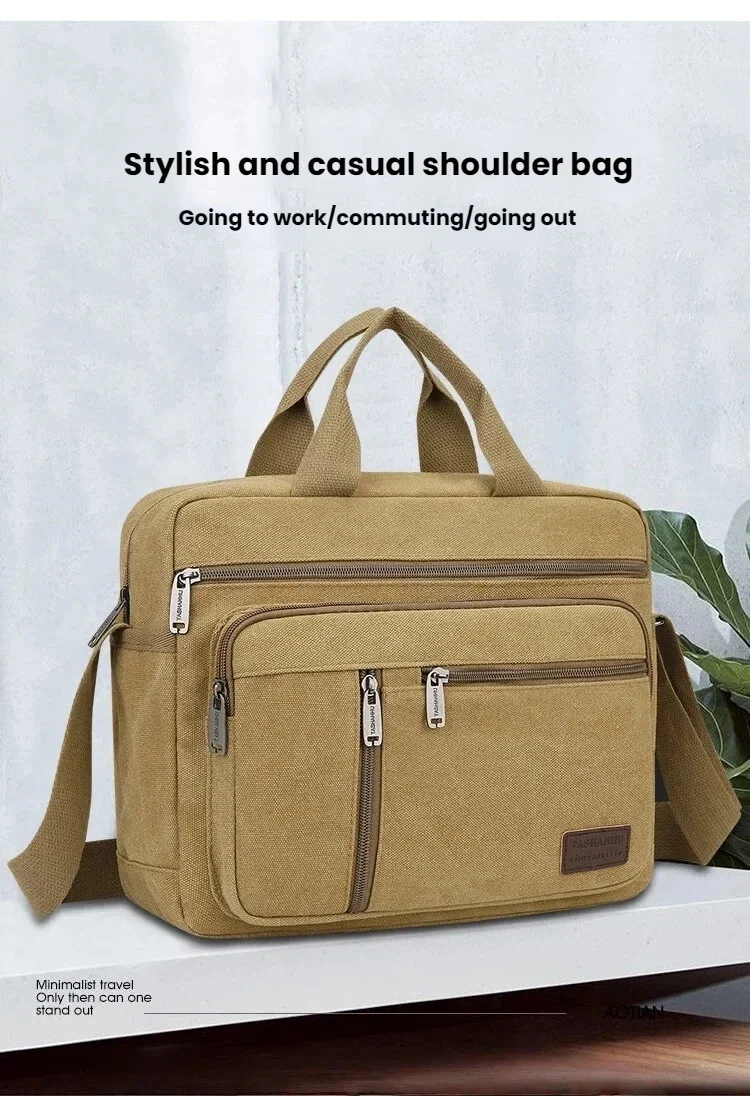 Men's Canvas Shoulder Bag Casual Crossbody Bag Daily Commuting Tote with Multiple Pockets Durable Lightweight School Travel Bag