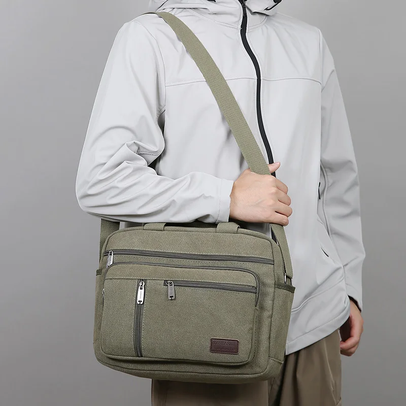 Men's Canvas Shoulder Bag Casual Crossbody Bag Daily Commuting Tote with Multiple Pockets Durable Lightweight School Travel Bag