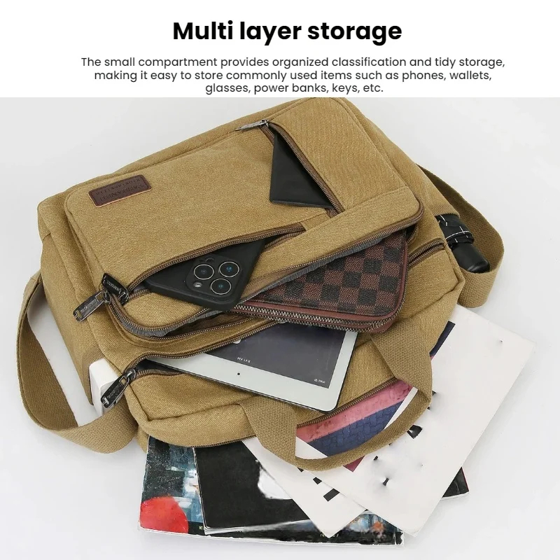 Men's Canvas Shoulder Bag Casual Crossbody Bag Daily Commuting Tote with Multiple Pockets Durable Lightweight School Travel Bag