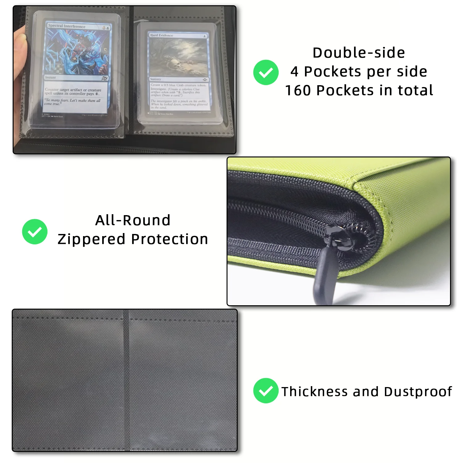 Holds 160 Cards|Trading Card Binder for 3”×4”Cards | 4-Pocket Double-sided Album |PU Leather Zipper Folder for Sports Cards
