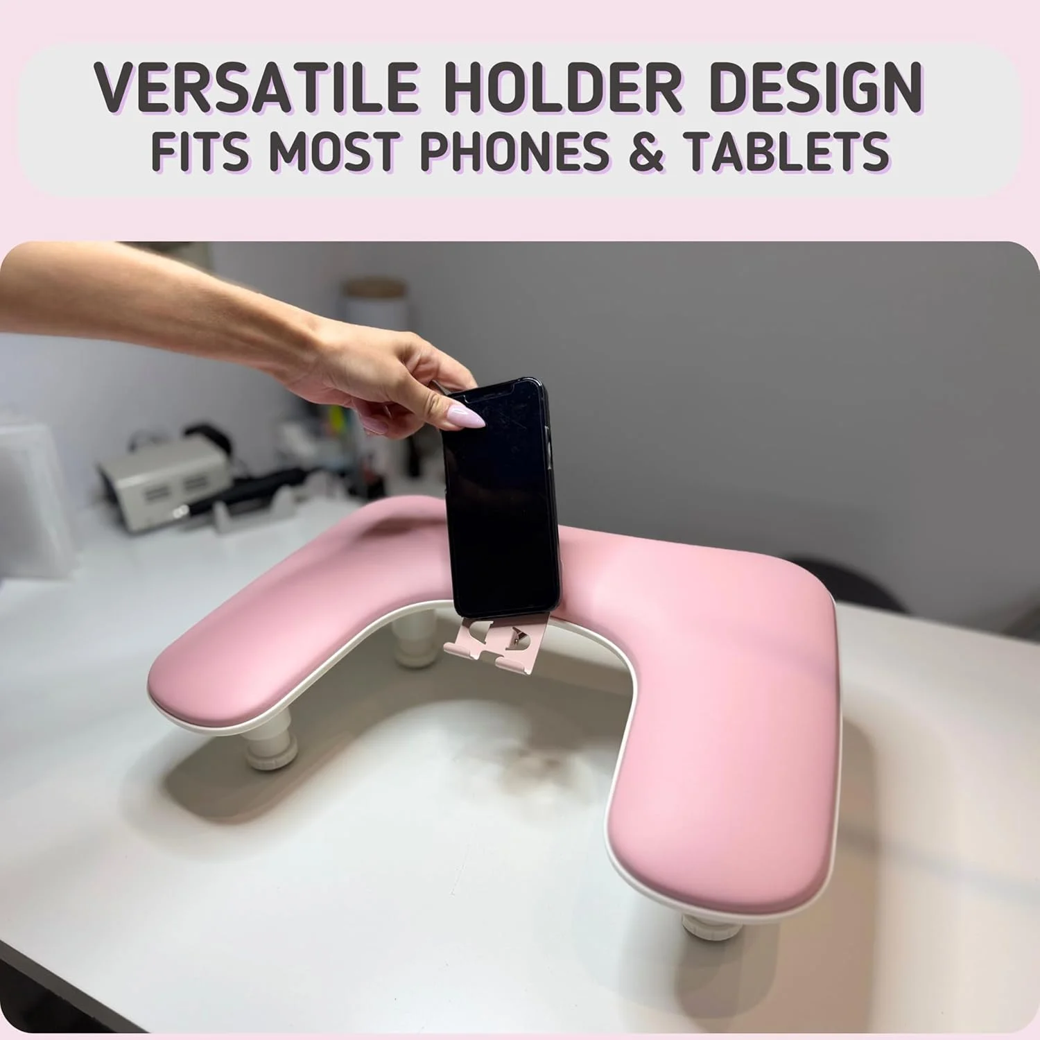 1pcs Pink Adjustable Height Nail Arm Rest with Rotating Phone Holder PU Leather Nail Tech Arm Rest, U-Shaped Hand Rest