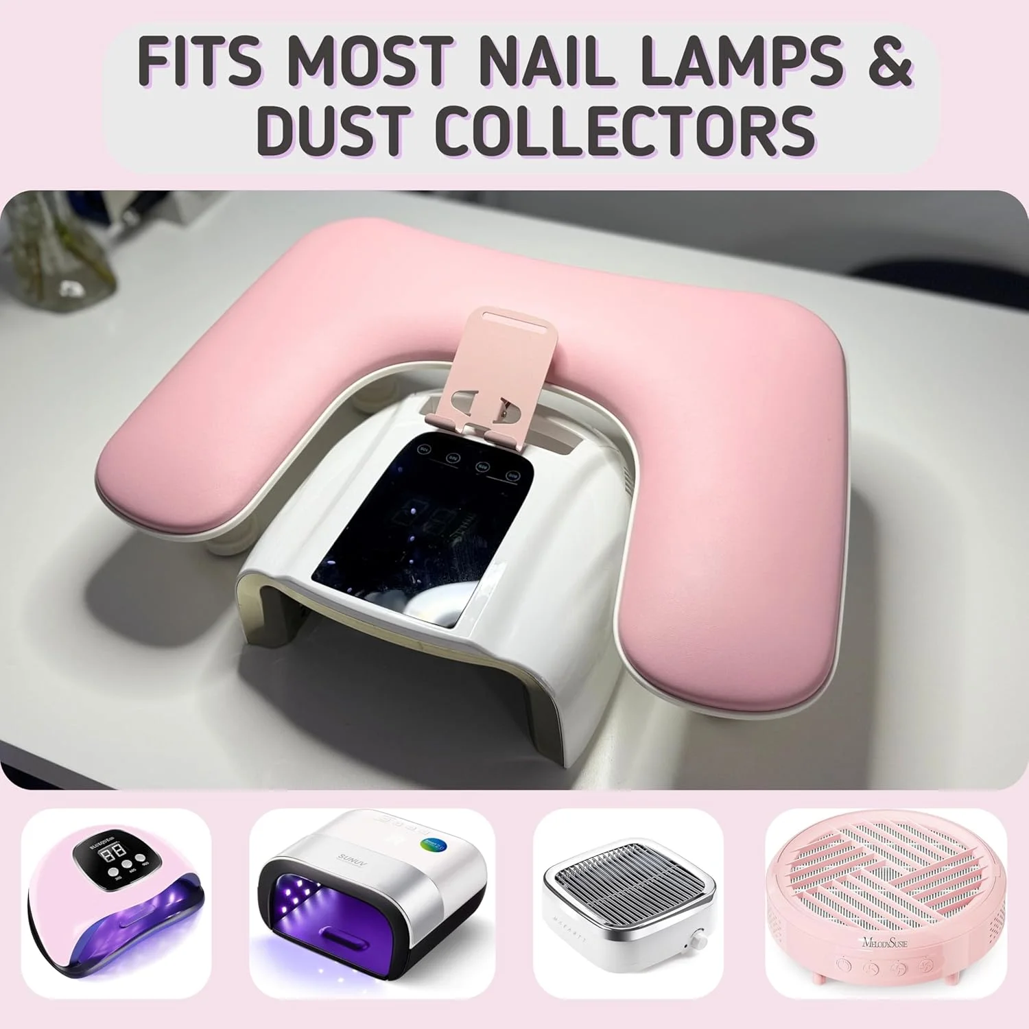1pcs Pink Adjustable Height Nail Arm Rest with Rotating Phone Holder PU Leather Nail Tech Arm Rest, U-Shaped Hand Rest