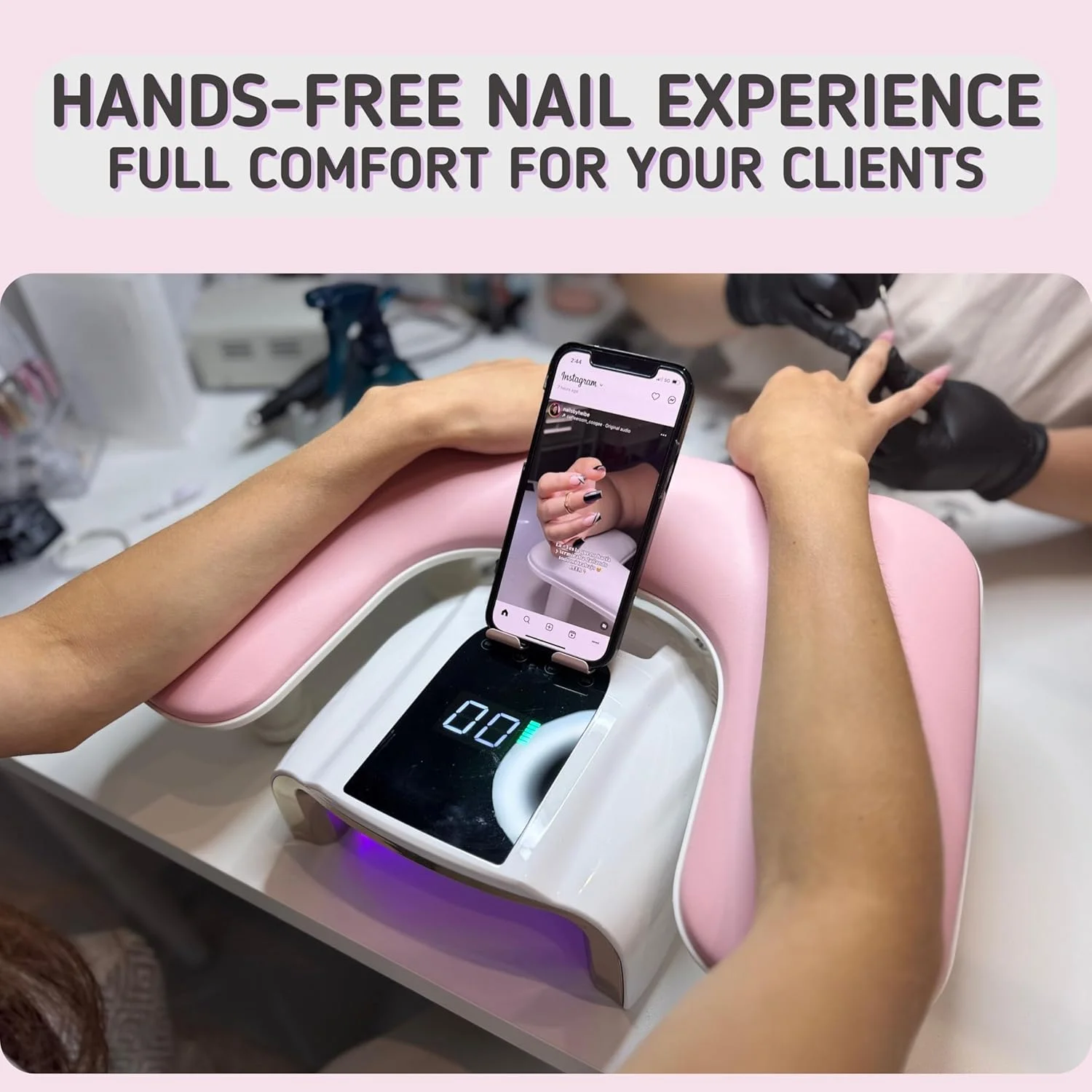 1pcs Pink Adjustable Height Nail Arm Rest with Rotating Phone Holder PU Leather Nail Tech Arm Rest, U-Shaped Hand Rest