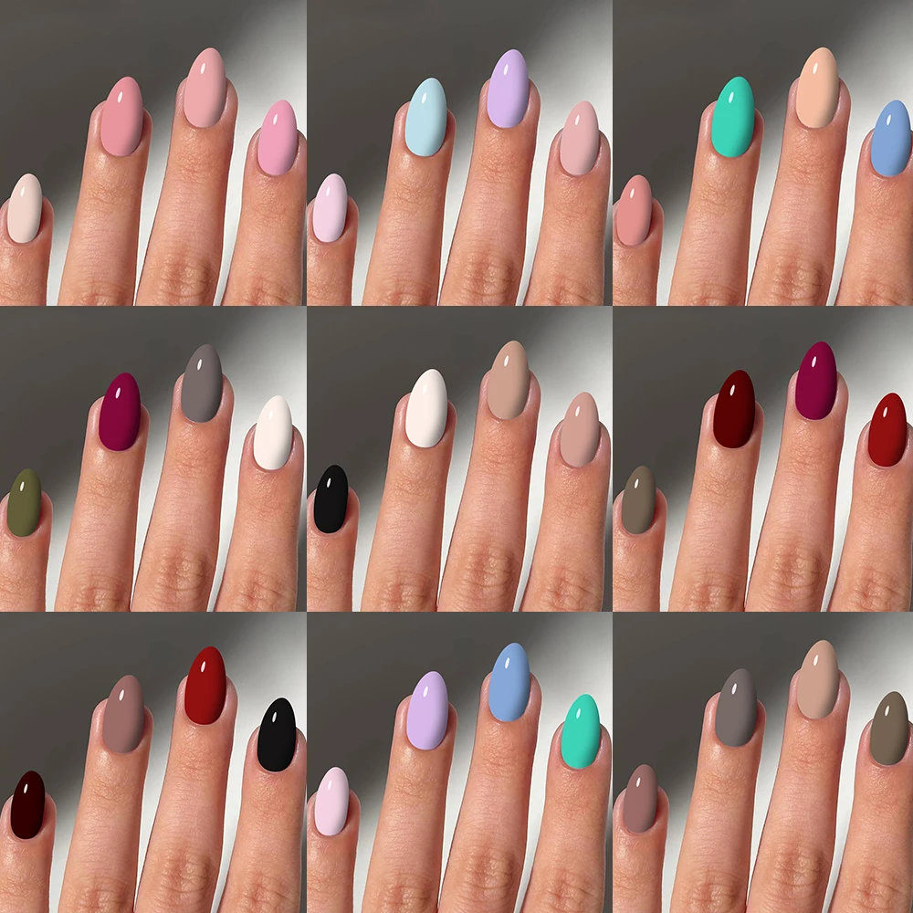 576pcs/box (12 mixed) Short ellipse Glossy Solid Color tips Press On Nails Perfect Fit Acrylic False Nails set, Includes 4pc Jel