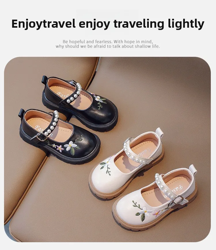 Girls Leather Shoes Embroidery Flowers Princess Sweet Kids National Style Flats Children's Flat Mary Janes Soft Dress Shoes Soft