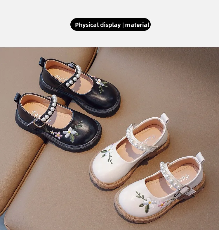 Girls Leather Shoes Embroidery Flowers Princess Sweet Kids National Style Flats Children's Flat Mary Janes Soft Dress Shoes Soft