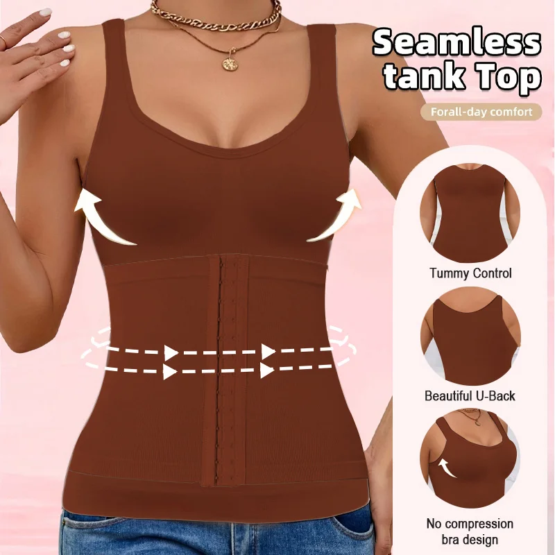 1PC Highly Elastic Women'S 3in1 Camisole Seamless Waist Trainer Removable Bra Pad Hook Adjustable Tummy Control Shaping Tank Top