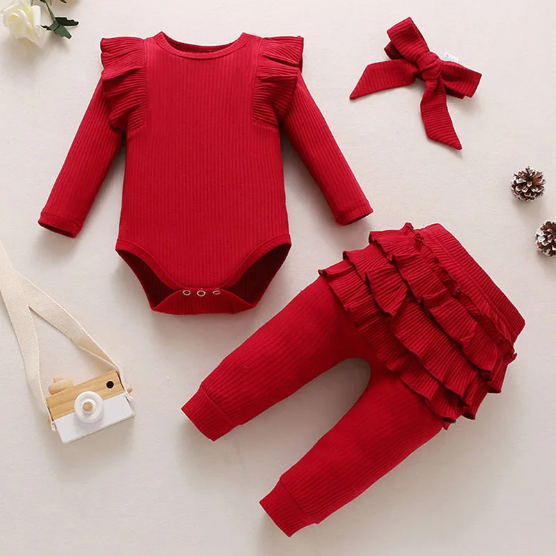 Newborn Baby Girls Clothes Infant Long Sleeve Ruffle Romper Bodysuits+Pants+Bow Headband 3Pcs Suit Children Toddler Outfit A422