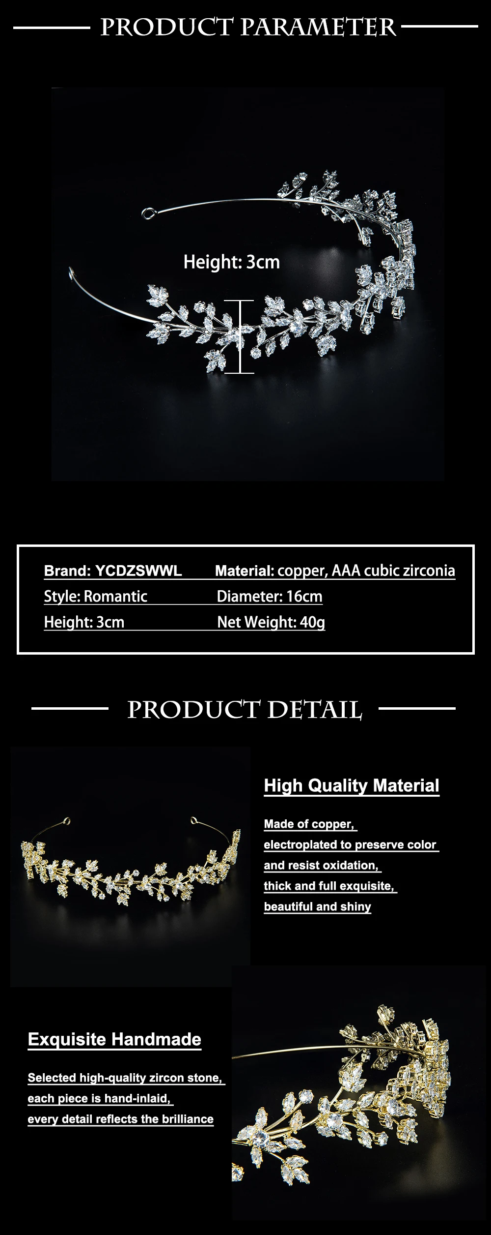 YCDZSWWL European Style Goddess Maple Leaves Shaped Elegant Headband Fairy Tiara Zircon Inlayed Full Crystal Bridal Crown