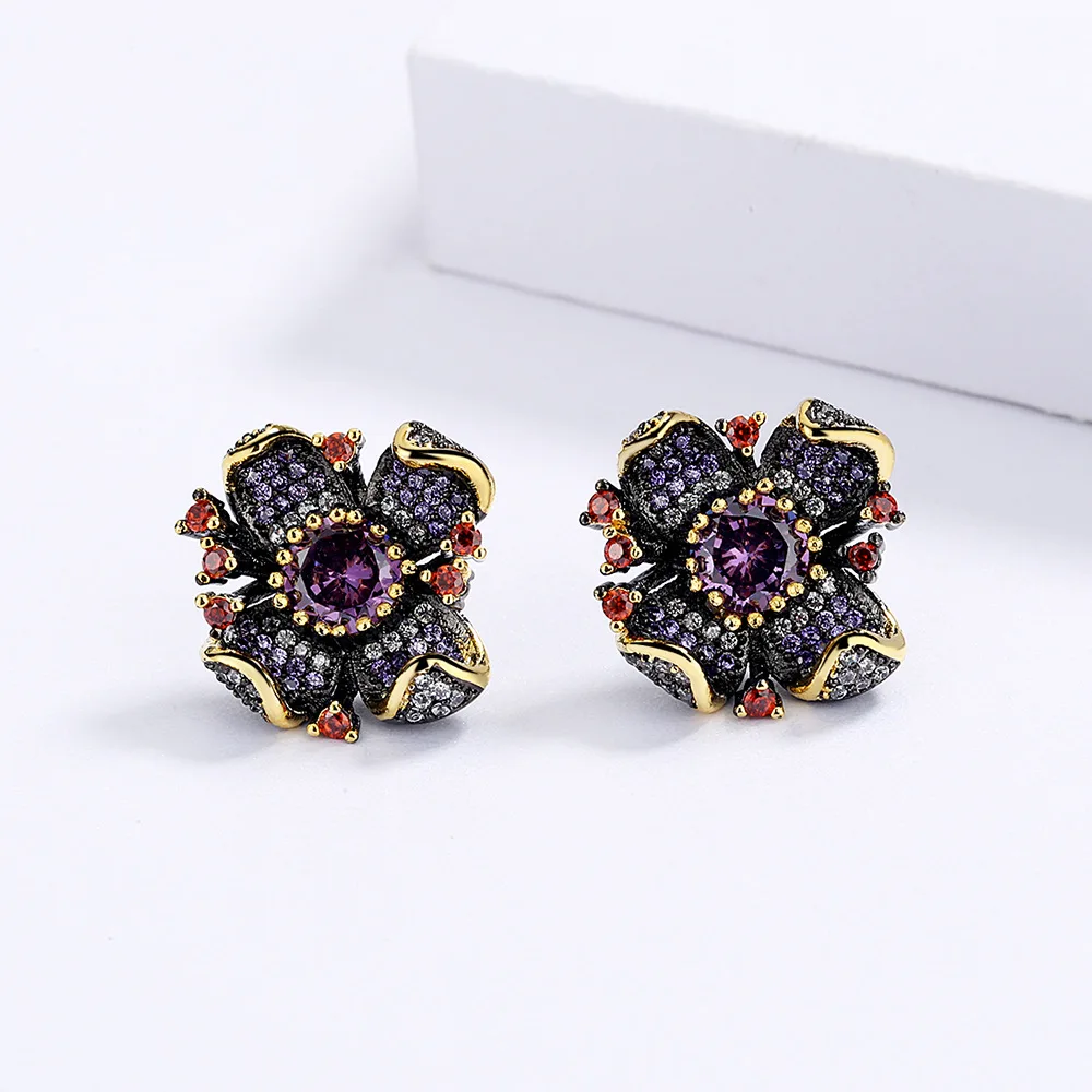 New Personality Flower-Shaped Earrings Fashion Sunflower Purple Zircon Black Gold Earrings Wedding Party Jewelry Gift