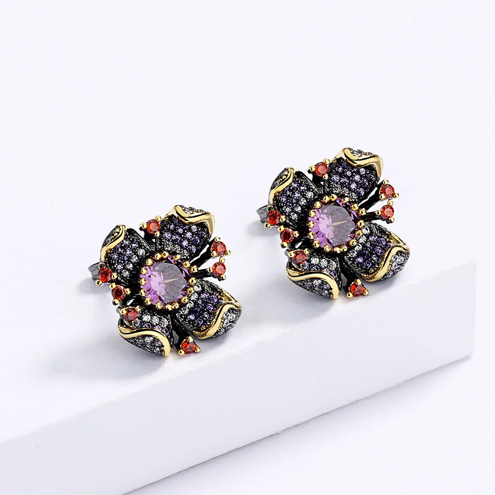 New Personality Flower-Shaped Earrings Fashion Sunflower Purple Zircon Black Gold Earrings Wedding Party Jewelry Gift