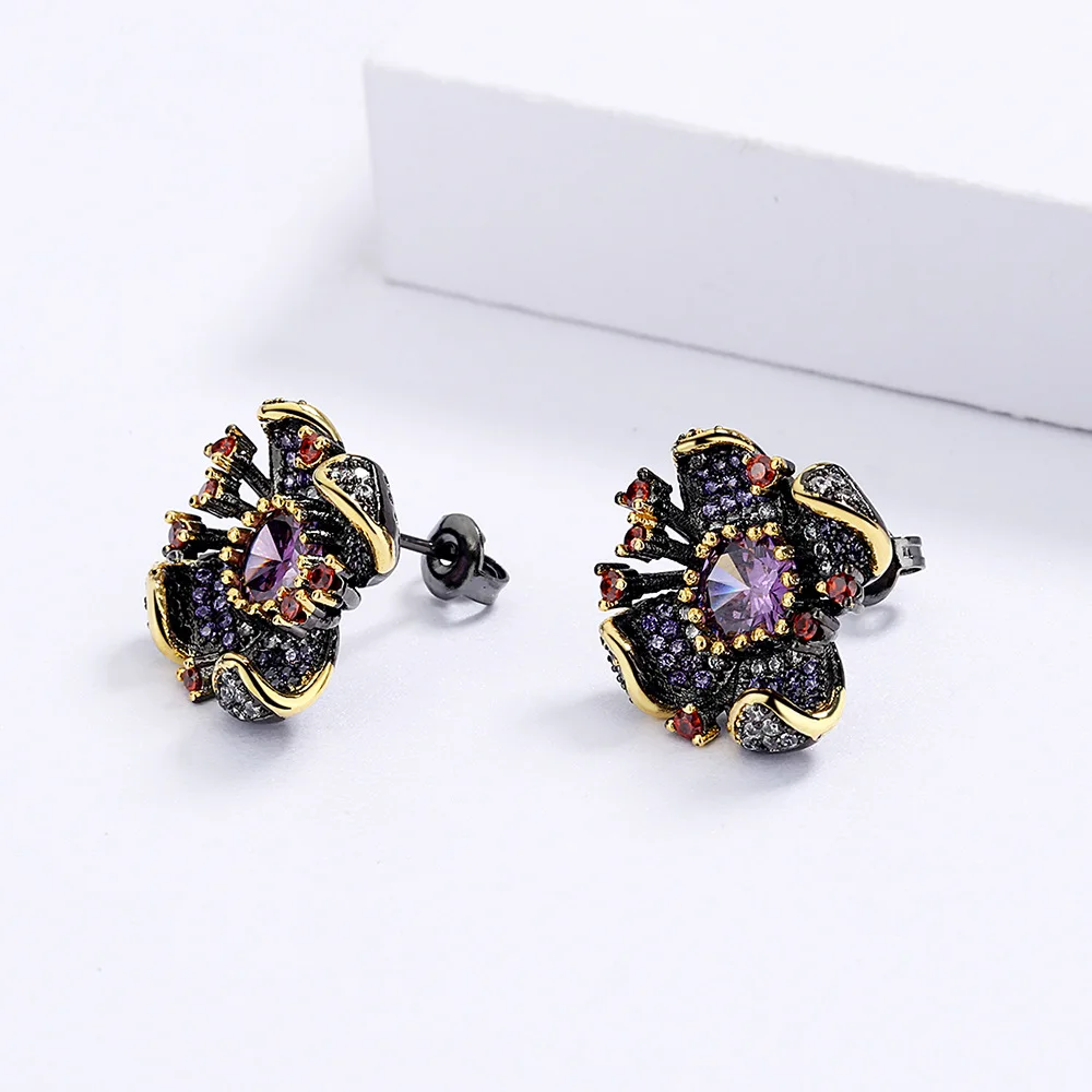 New Personality Flower-Shaped Earrings Fashion Sunflower Purple Zircon Black Gold Earrings Wedding Party Jewelry Gift