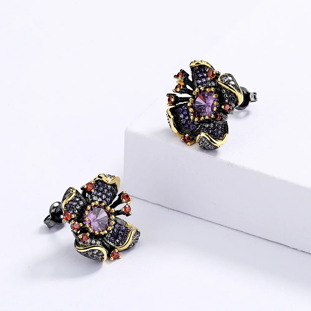 New Personality Flower-Shaped Earrings Fashion Sunflower Purple Zircon Black Gold Earrings Wedding Party Jewelry Gift