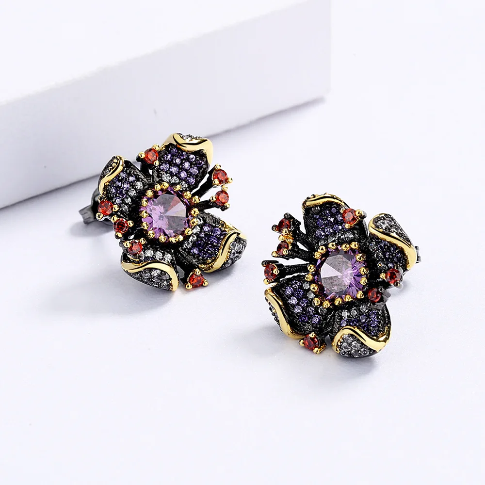 New Personality Flower-Shaped Earrings Fashion Sunflower Purple Zircon Black Gold Earrings Wedding Party Jewelry Gift