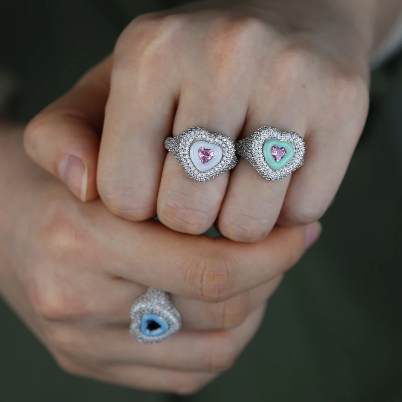 2022 New Valentines Gift Women Wedding Engagement Pastel Color Enamel 3 Colors Heart Shaped Finger Ring