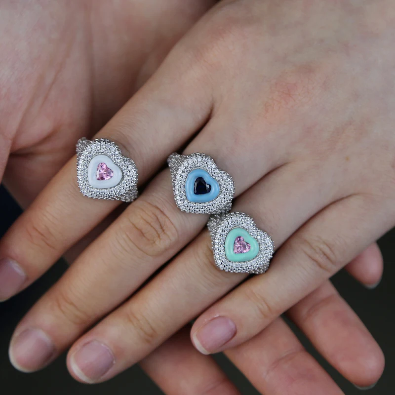 2022 New Valentines Gift Women Wedding Engagement Pastel Color Enamel 3 Colors Heart Shaped Finger Ring