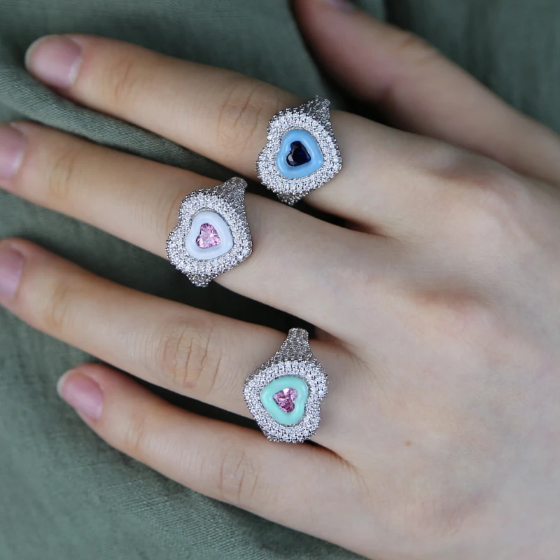 2022 New Valentines Gift Women Wedding Engagement Pastel Color Enamel 3 Colors Heart Shaped Finger Ring