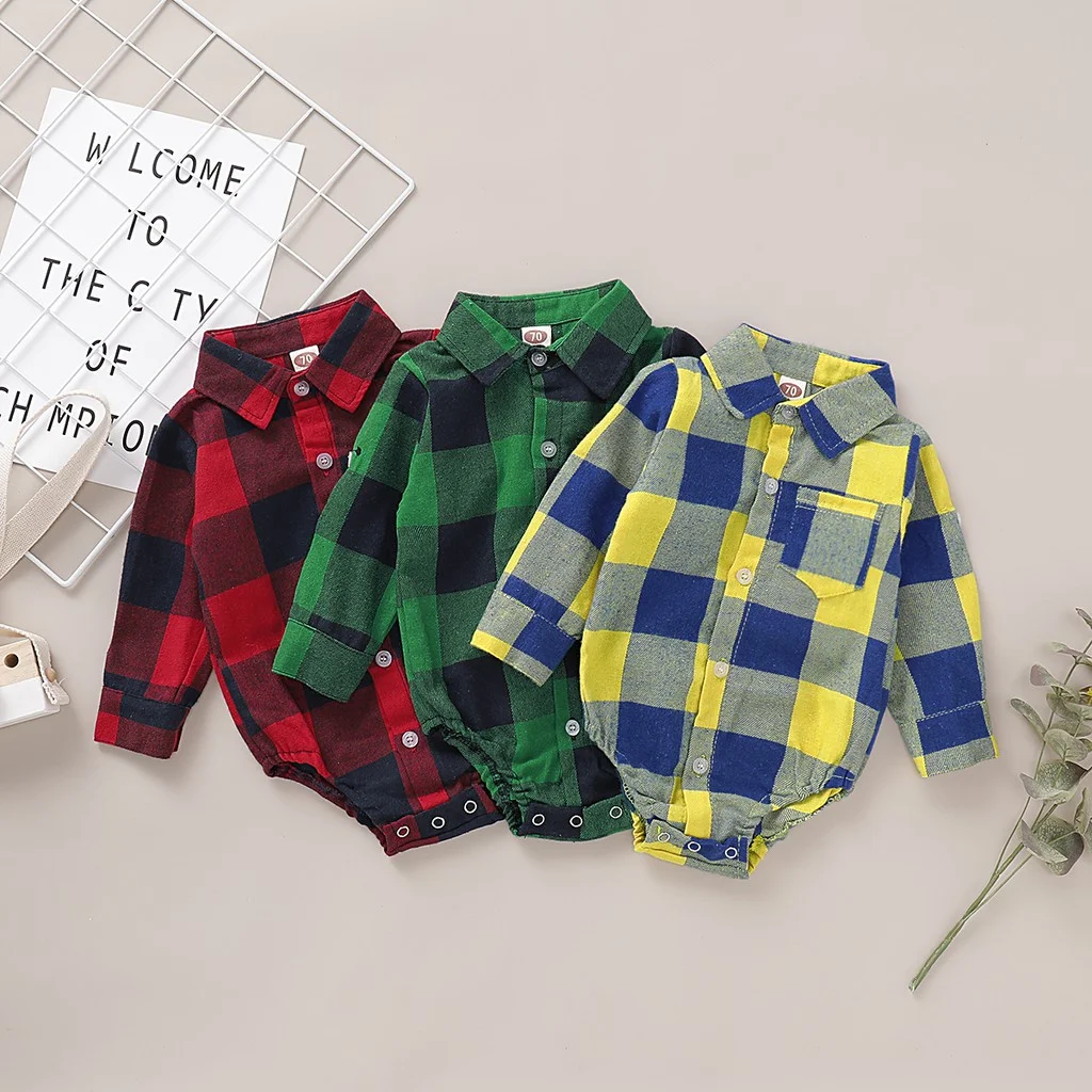 0-18 Months Newborn Baby Boy Bodysuit Plaid Long Sleeved Lapel Shirt Romper Gentleman Jumpsuit Fashion Wear for Toddler Boy