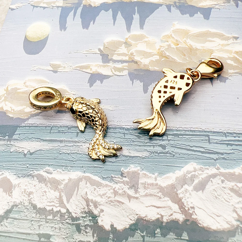 Golden Koi Dangle Charm Europe Style High Quality Sterling Silver 925 Beads Lucky Gift For Women Men