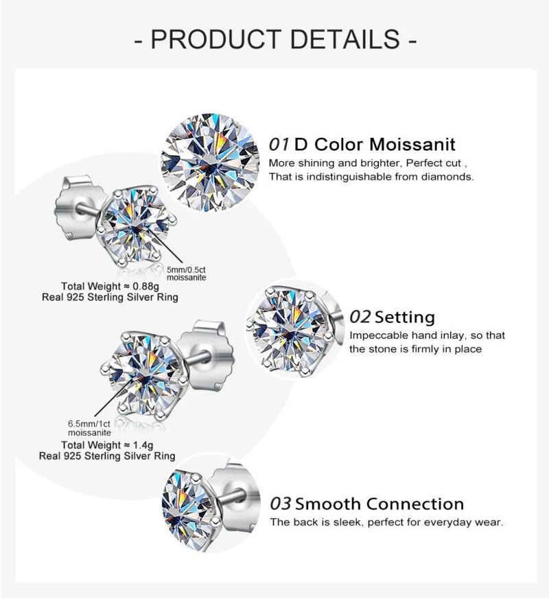 JoyceJelly 1/2/4CT VVS D Color Moissanite Russian Cut 8H8A Lab Diamond Stud Earrings For Women S925 Sterling Silver Fine Jewelry