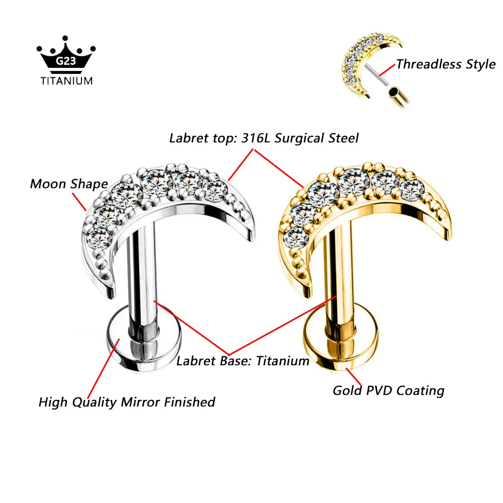 ASTM F136 G23 Titanium Flower Moon Heart Threadless Piercing Leaf Drop Pin Push in Lip Stud Daith Conch Earring 16G 18G 20G